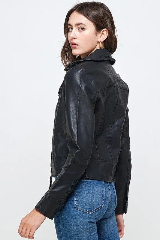 Moto Jacket Buckle Vegan Leather Biker Jacket