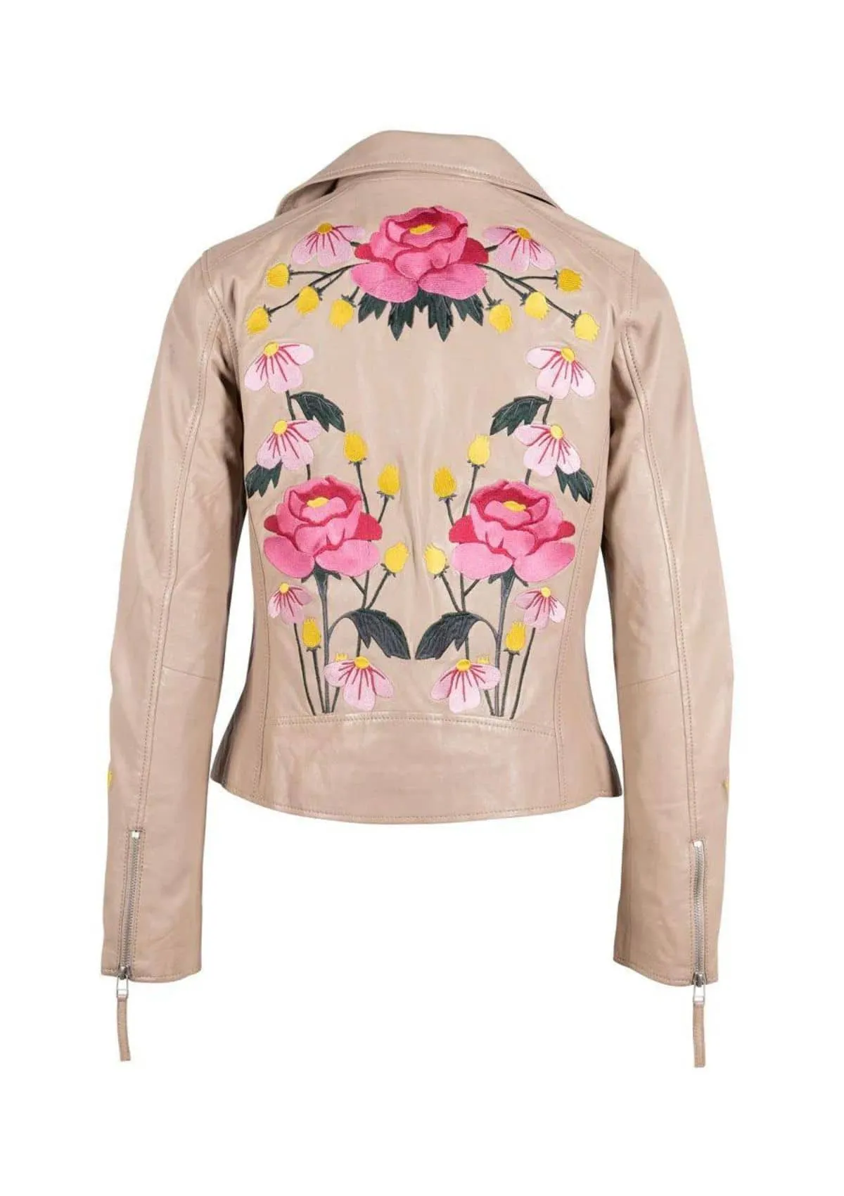 Peonie Floral Moto Leather Jacket - Light Beige