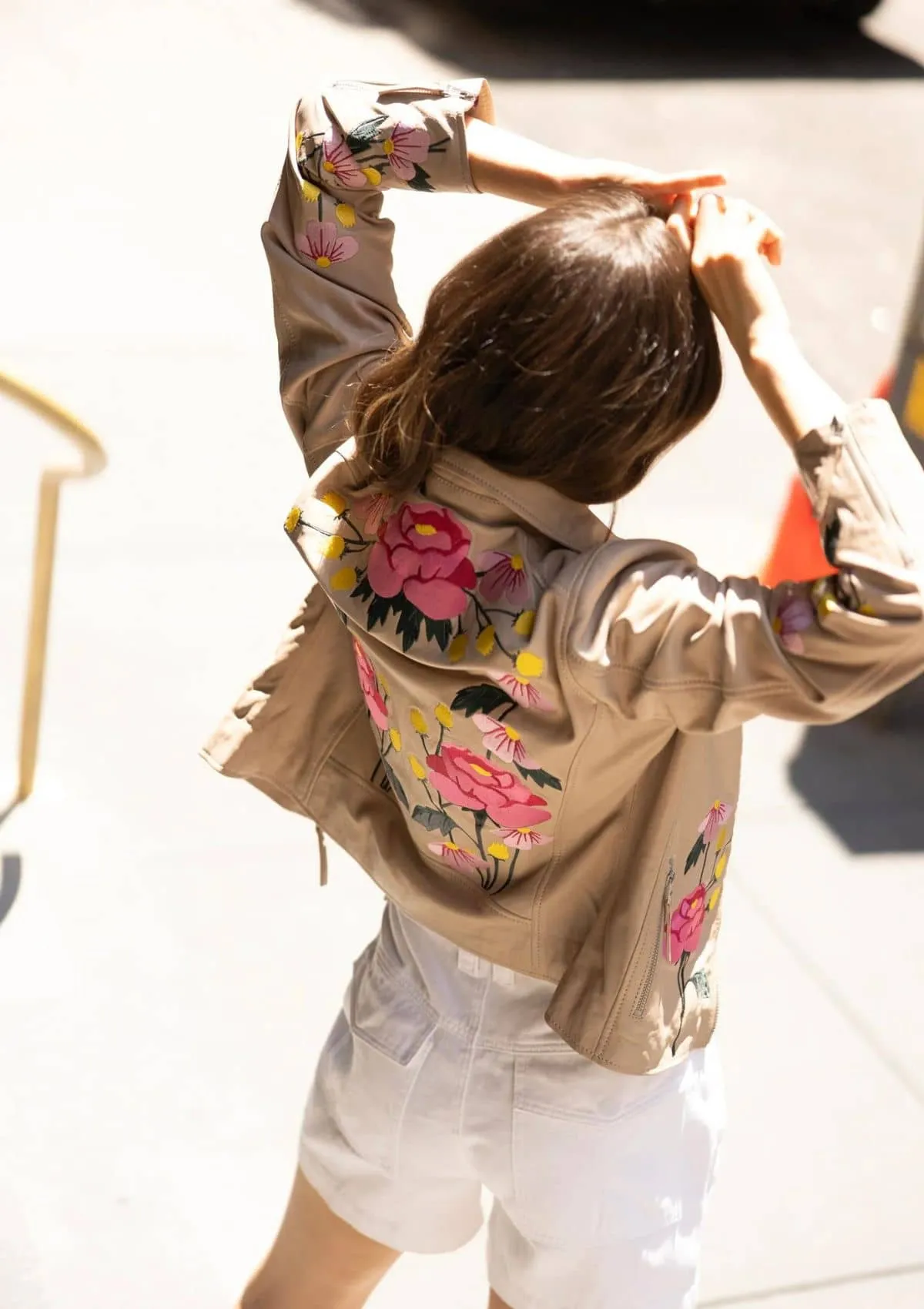 Peonie Floral Moto Leather Jacket - Light Beige