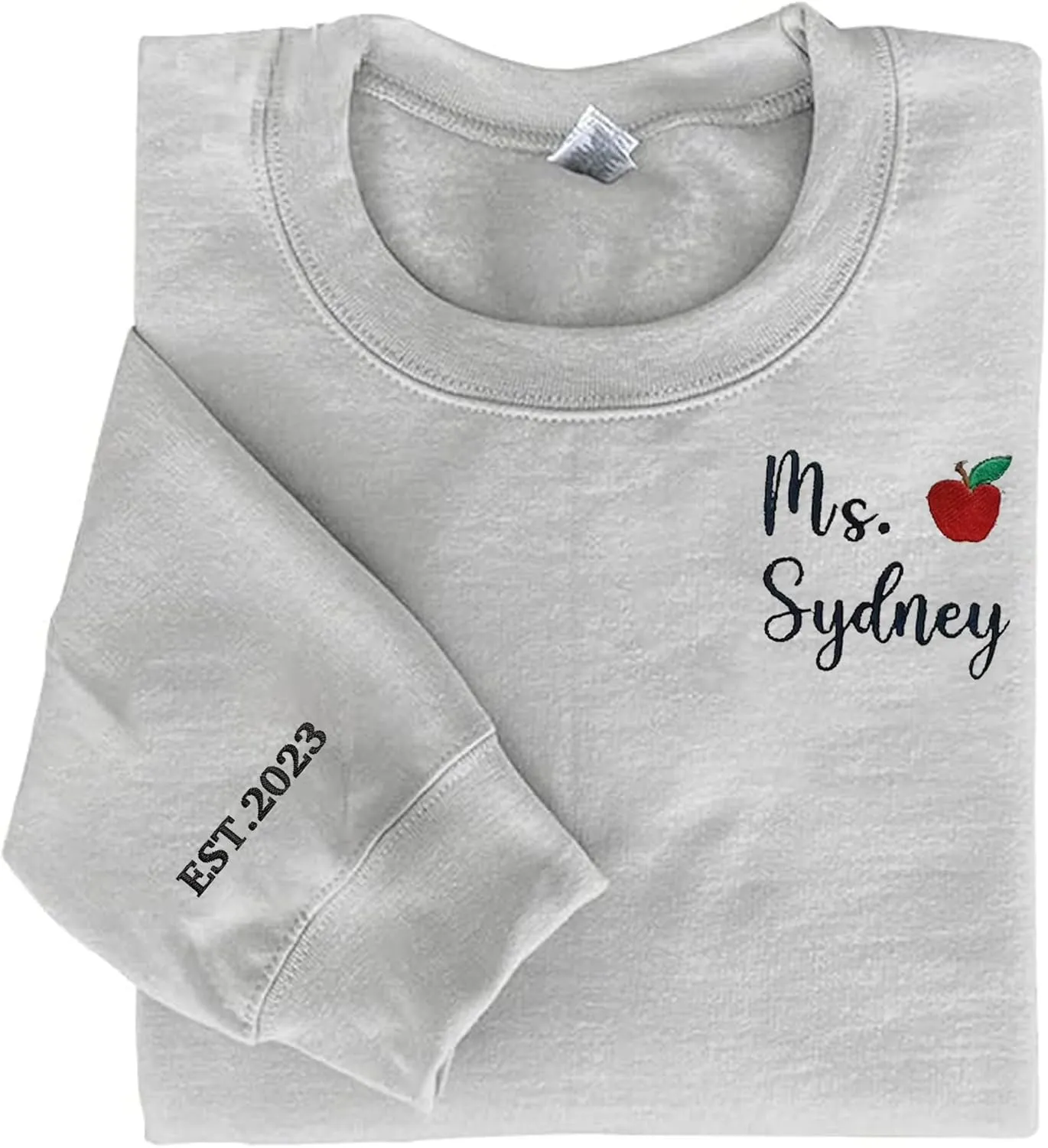 Personalized Embroidered Teacher Sweatshirt, Custom Text On Sleeve