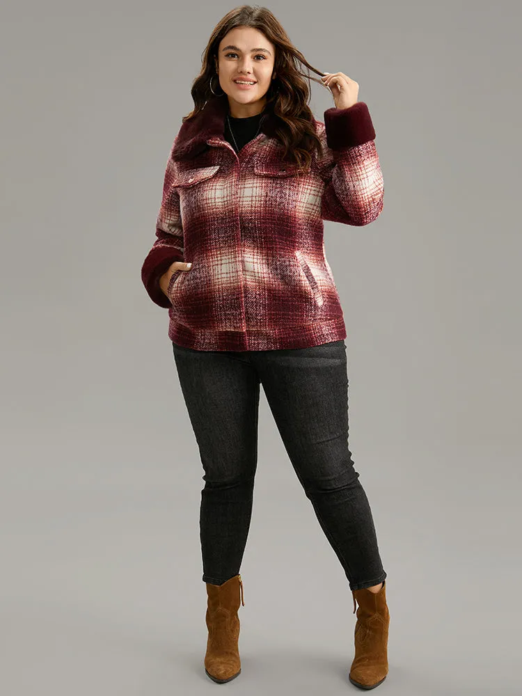 Plaid Patchwork Button Through Fuzzy Trim Jacket