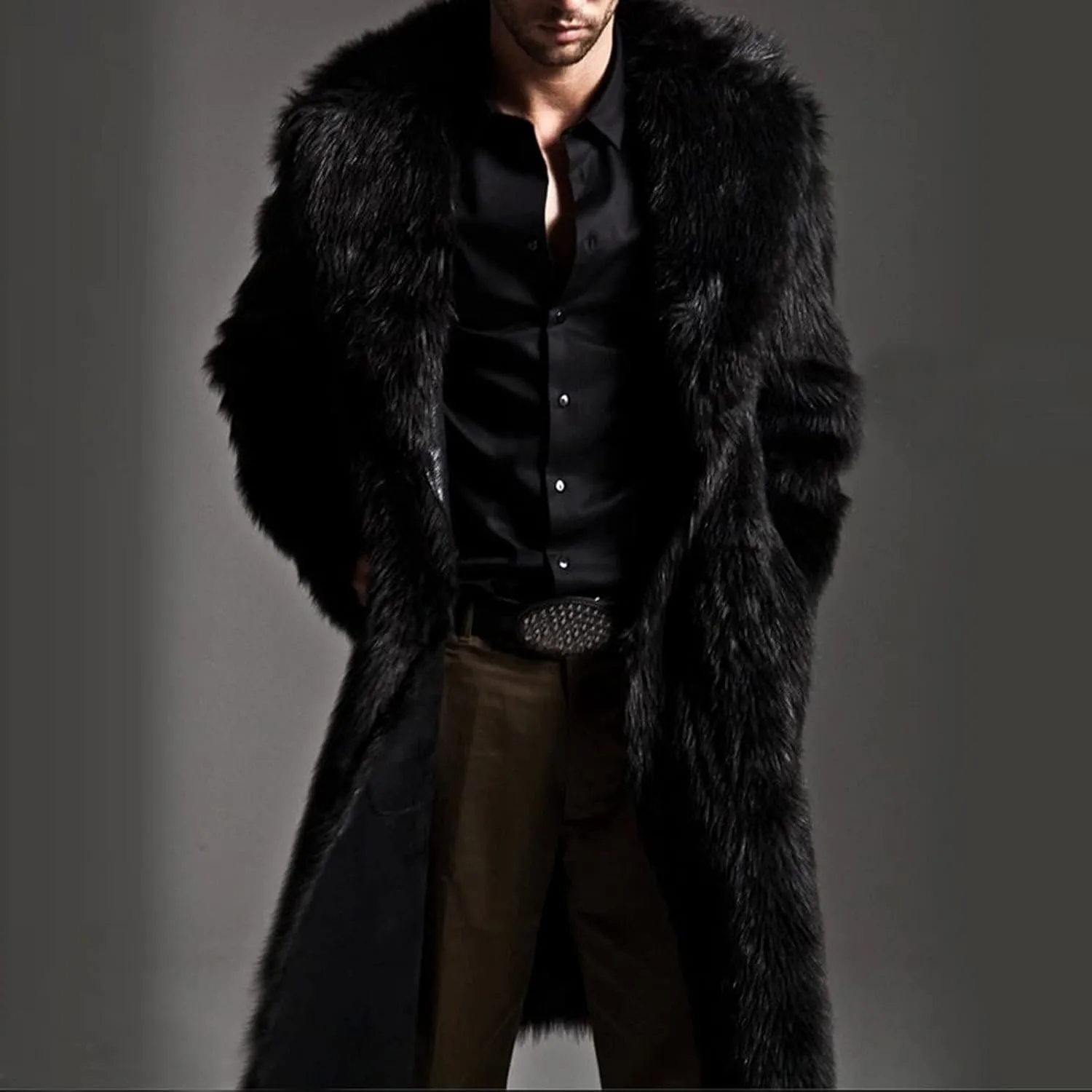 QWENTMTNTY Long Faux Fur Coat for Men Warm Thicken Heavyweight Overcoat Fashion Luxury Thermal Jackets Fluffy Winter Coats