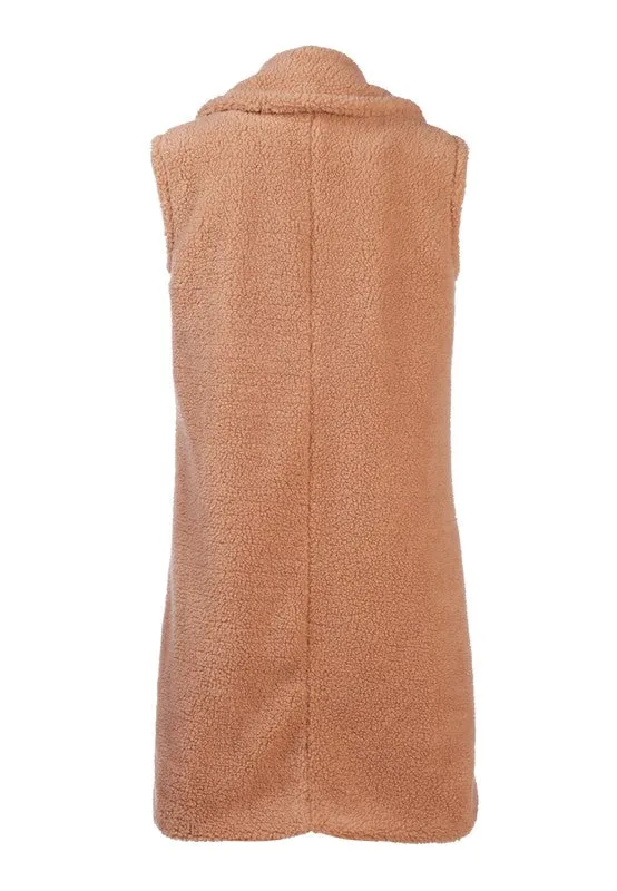 RAG & Co. Long Sleeveless Double-Breasted Faux Fur Coat