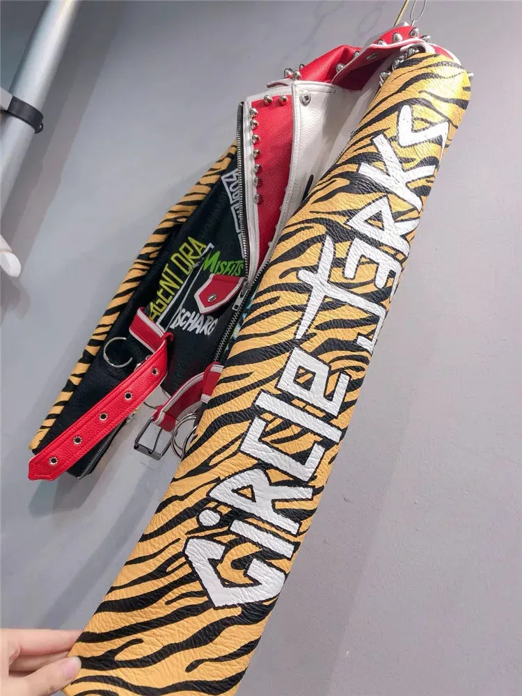 Spring New fashion brand style rivet beading graffiti embroidery locomotive Pu leather short jacket