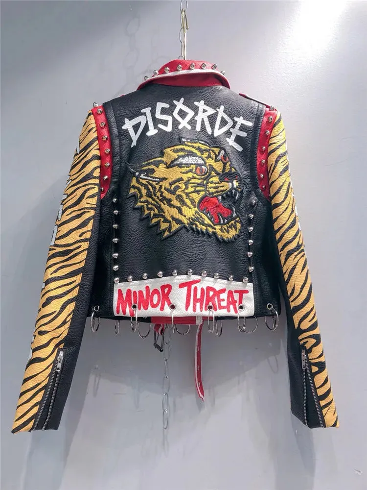 Spring New fashion brand style rivet beading graffiti embroidery locomotive Pu leather short jacket