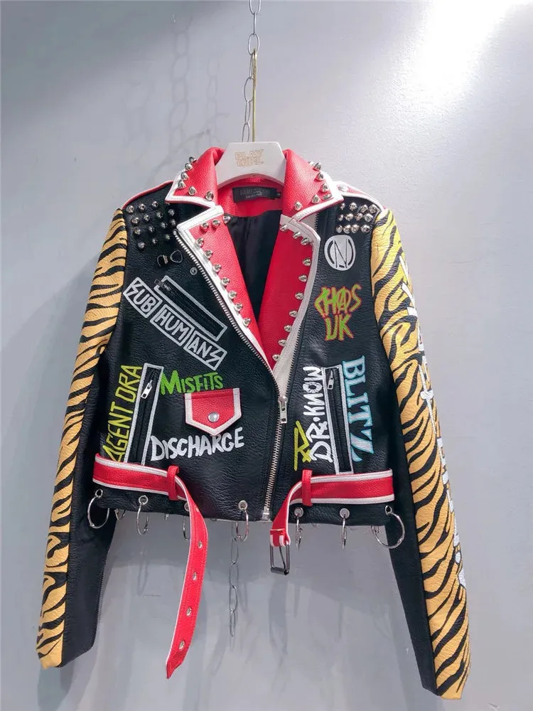 Spring New fashion brand style rivet beading graffiti embroidery locomotive Pu leather short jacket