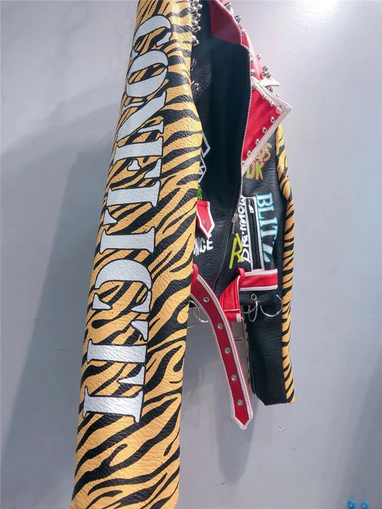 Spring New fashion brand style rivet beading graffiti embroidery locomotive Pu leather short jacket