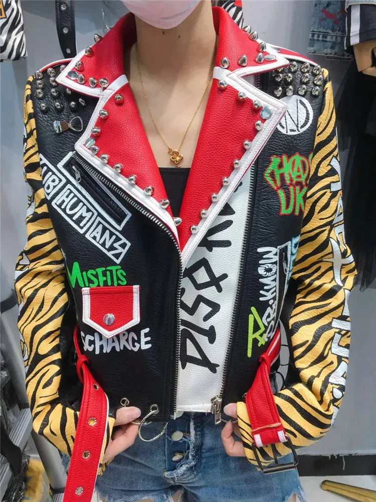 Spring New fashion brand style rivet beading graffiti embroidery locomotive Pu leather short jacket