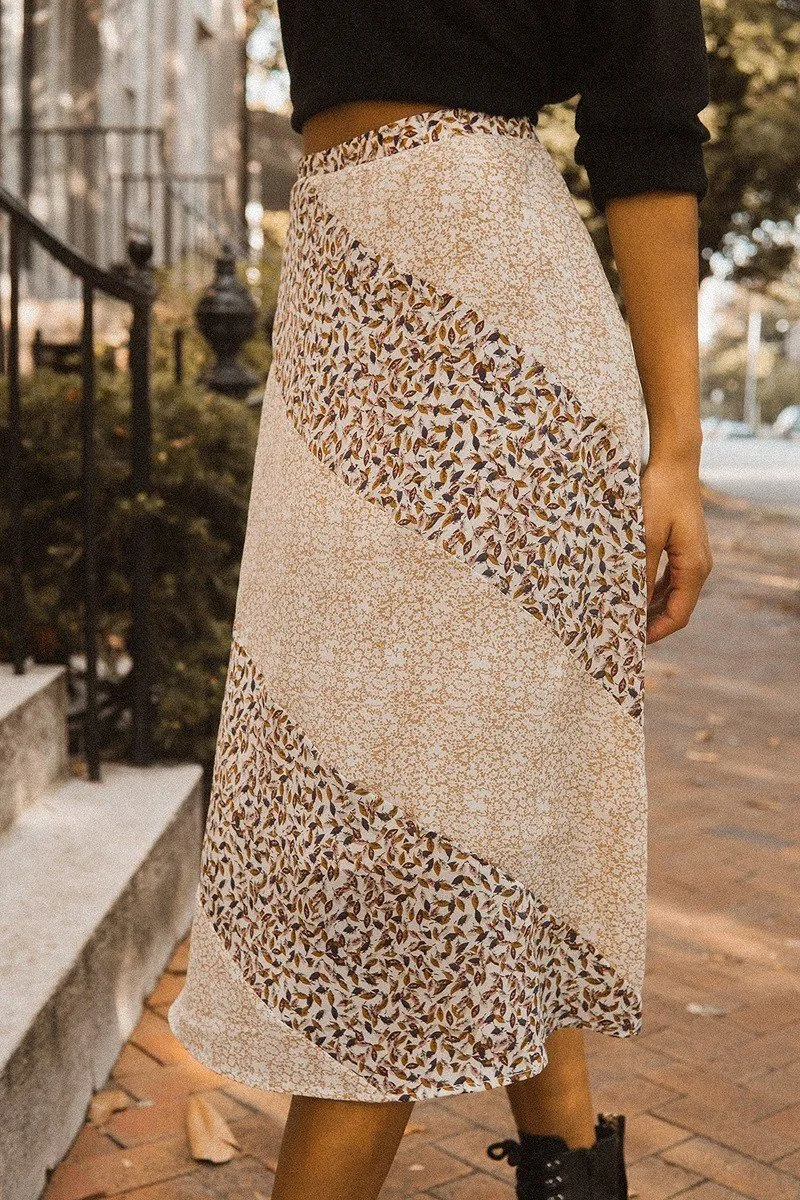 Taupe Color Block Abstract Print Midi Skirt