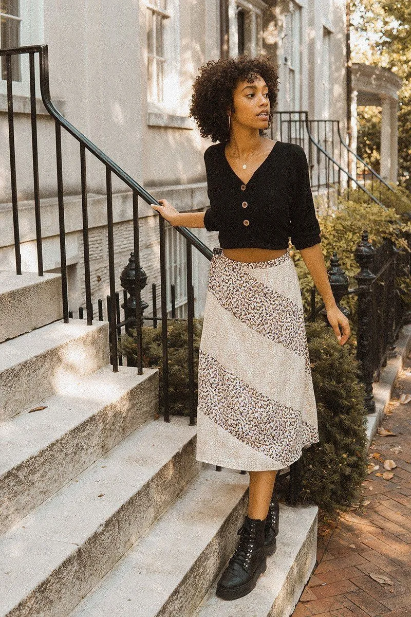 Taupe Color Block Abstract Print Midi Skirt