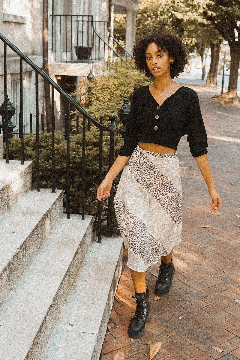 Taupe Color Block Abstract Print Midi Skirt