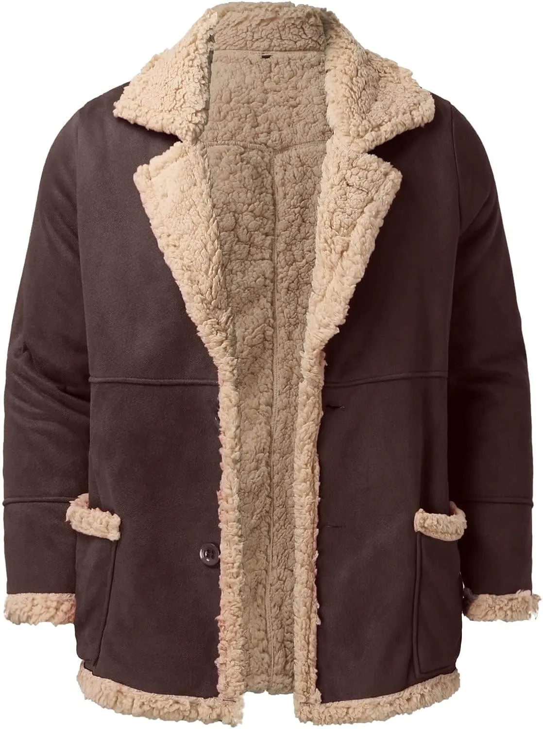 Thatrich Mens Sherpa Lined Jacket Faux Leather Fur Coat Cropped Shearling-Lined Bomber Jacket Vintage Winter Coat Overcoat