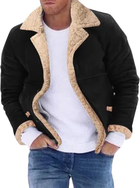Thatrich Mens Sherpa Lined Jacket Faux Leather Fur Coat Cropped Shearling-Lined Bomber Jacket Vintage Winter Coat Overcoat