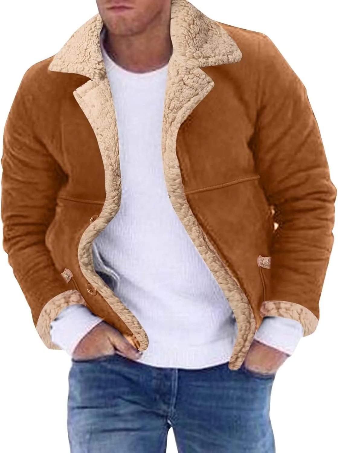 Thatrich Mens Sherpa Lined Jacket Faux Leather Fur Coat Cropped Shearling-Lined Bomber Jacket Vintage Winter Coat Overcoat