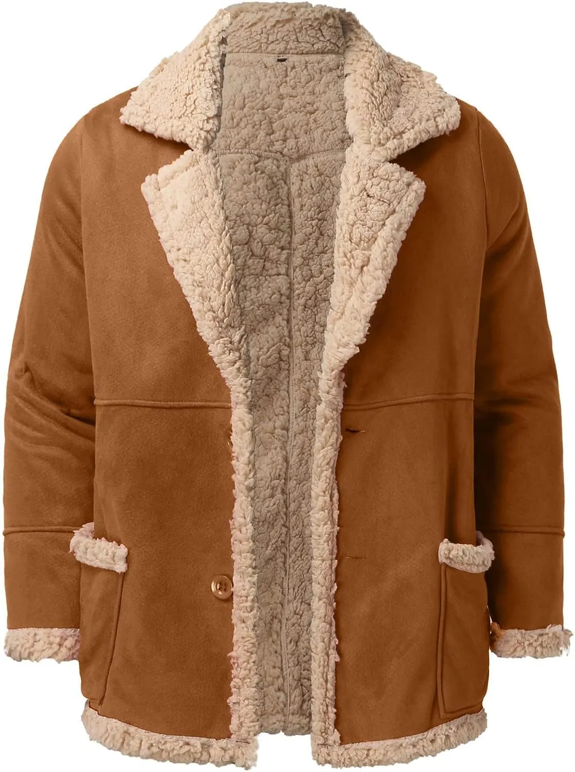 Thatrich Mens Sherpa Lined Jacket Faux Leather Fur Coat Cropped Shearling-Lined Bomber Jacket Vintage Winter Coat Overcoat
