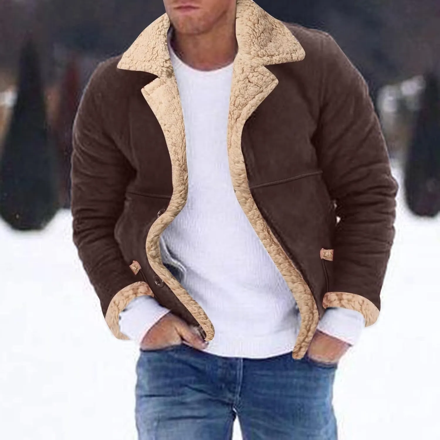 Thatrich Mens Sherpa Lined Jacket Faux Leather Fur Coat Cropped Shearling-Lined Bomber Jacket Vintage Winter Coat Overcoat