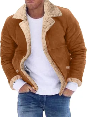Thatrich Mens Sherpa Lined Jacket Faux Leather Fur Coat Cropped Shearling-Lined Bomber Jacket Vintage Winter Coat Overcoat