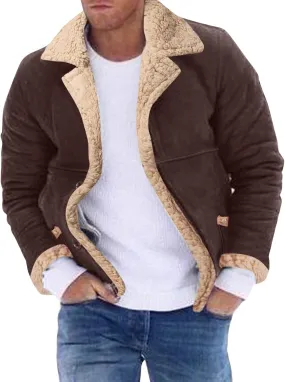 Thatrich Mens Sherpa Lined Jacket Faux Leather Fur Coat Cropped Shearling-Lined Bomber Jacket Vintage Winter Coat Overcoat