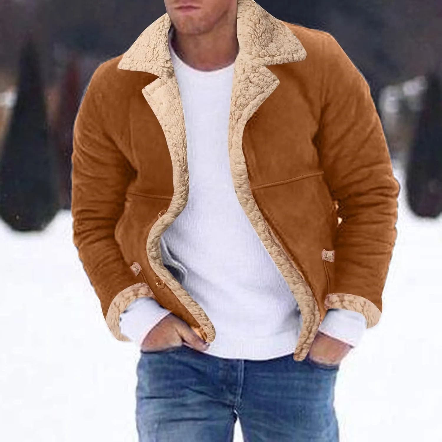Thatrich Mens Sherpa Lined Jacket Faux Leather Fur Coat Cropped Shearling-Lined Bomber Jacket Vintage Winter Coat Overcoat