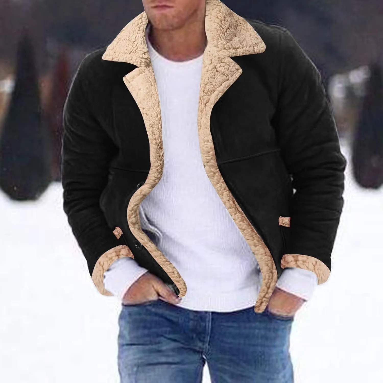 Thatrich Mens Sherpa Lined Jacket Faux Leather Fur Coat Cropped Shearling-Lined Bomber Jacket Vintage Winter Coat Overcoat
