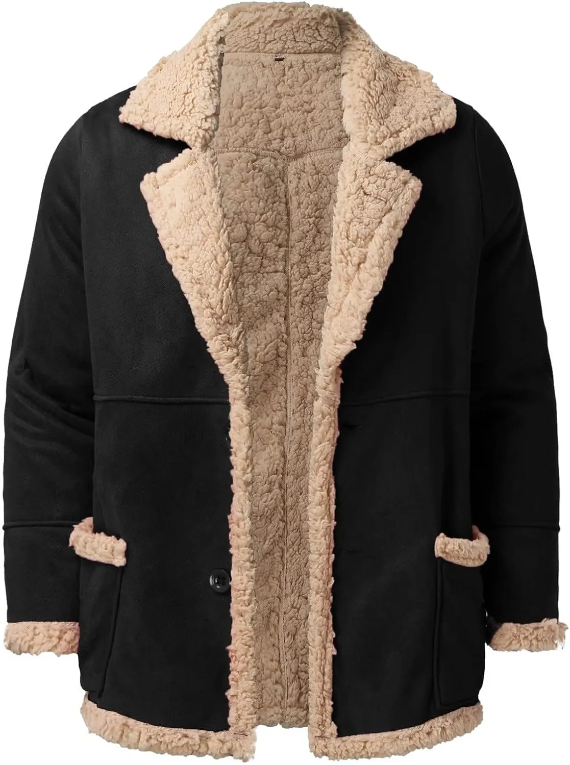 Thatrich Mens Sherpa Lined Jacket Faux Leather Fur Coat Cropped Shearling-Lined Bomber Jacket Vintage Winter Coat Overcoat