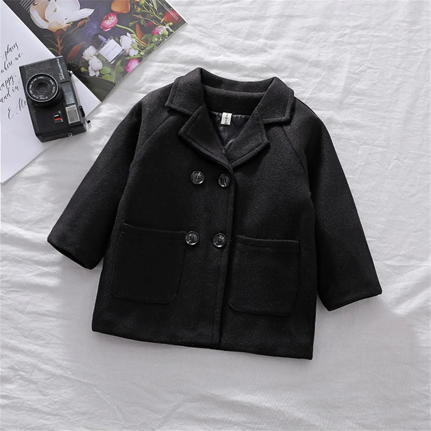 Toddler Boys Trench Coat Double Breasted Notched Wool Lapel Peacoat Baby Boys Long Winter Coat Faux Fur Jacket Overcoat