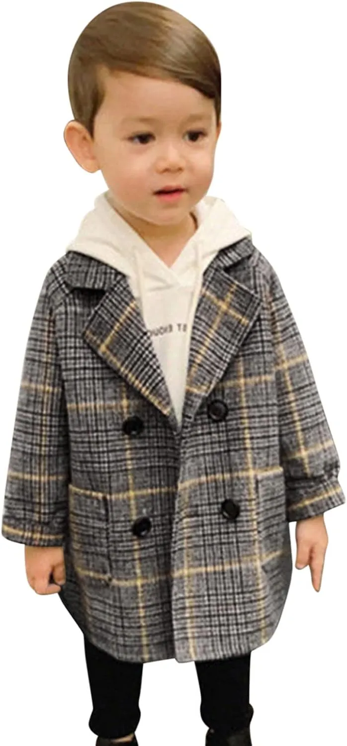 Toddler Boys Trench Coat Double Breasted Notched Wool Lapel Peacoat Baby Boys Long Winter Coat Faux Fur Jacket Overcoat