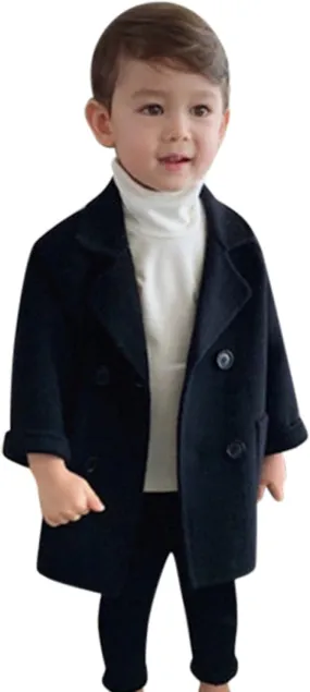 Toddler Boys Trench Coat Double Breasted Notched Wool Lapel Peacoat Baby Boys Long Winter Coat Faux Fur Jacket Overcoat