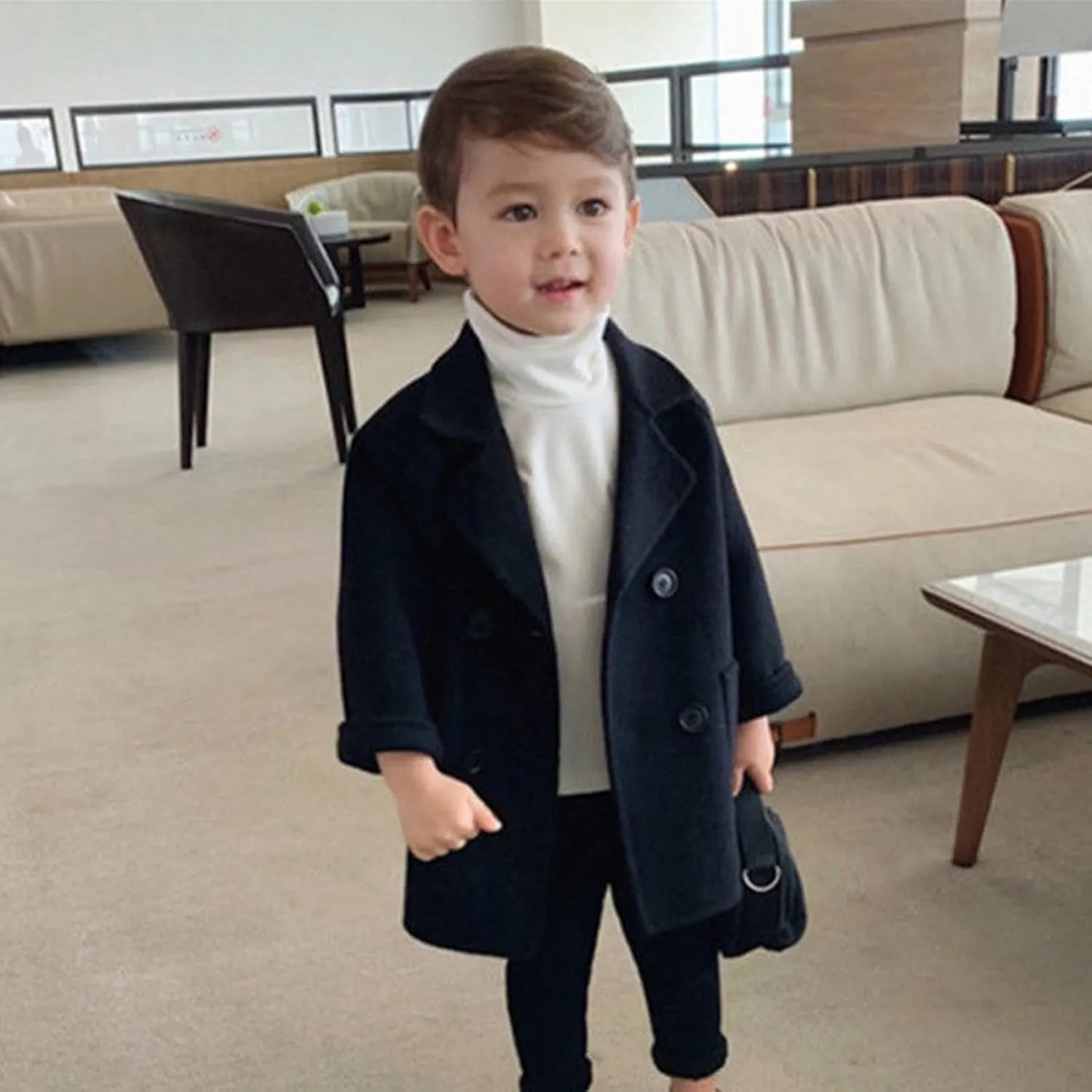 Toddler Boys Trench Coat Double Breasted Notched Wool Lapel Peacoat Baby Boys Long Winter Coat Faux Fur Jacket Overcoat