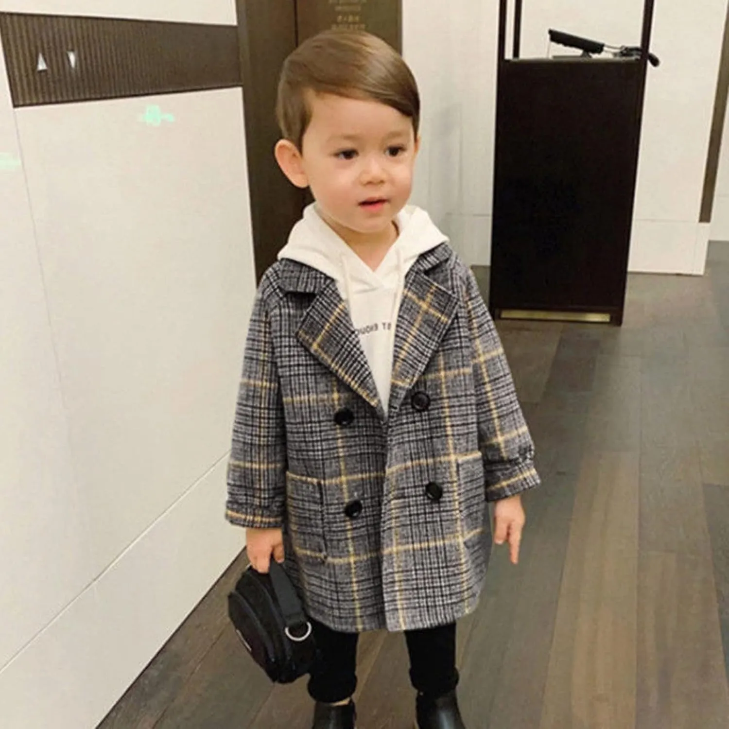 Toddler Boys Trench Coat Double Breasted Notched Wool Lapel Peacoat Baby Boys Long Winter Coat Faux Fur Jacket Overcoat