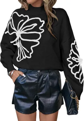 Verdusa Women's Floral Mock Neck Long Sleeve Sweaters Dressy Casual Cute Pullover Knit Sweater Tops
