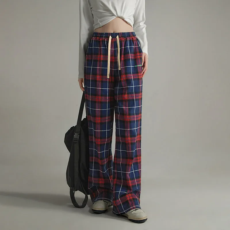 Waist Strings Check Straight Pants
