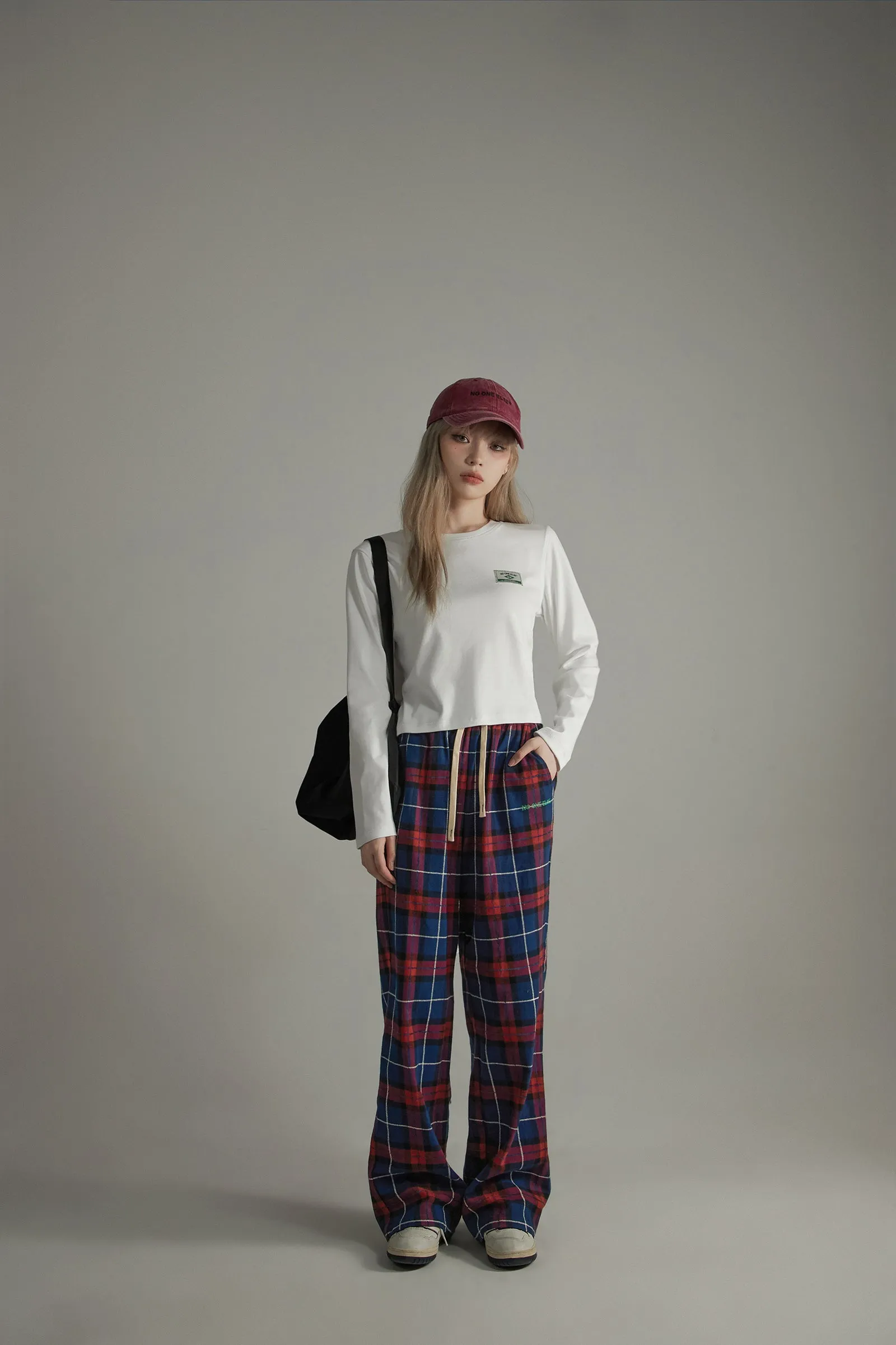 Waist Strings Check Straight Pants