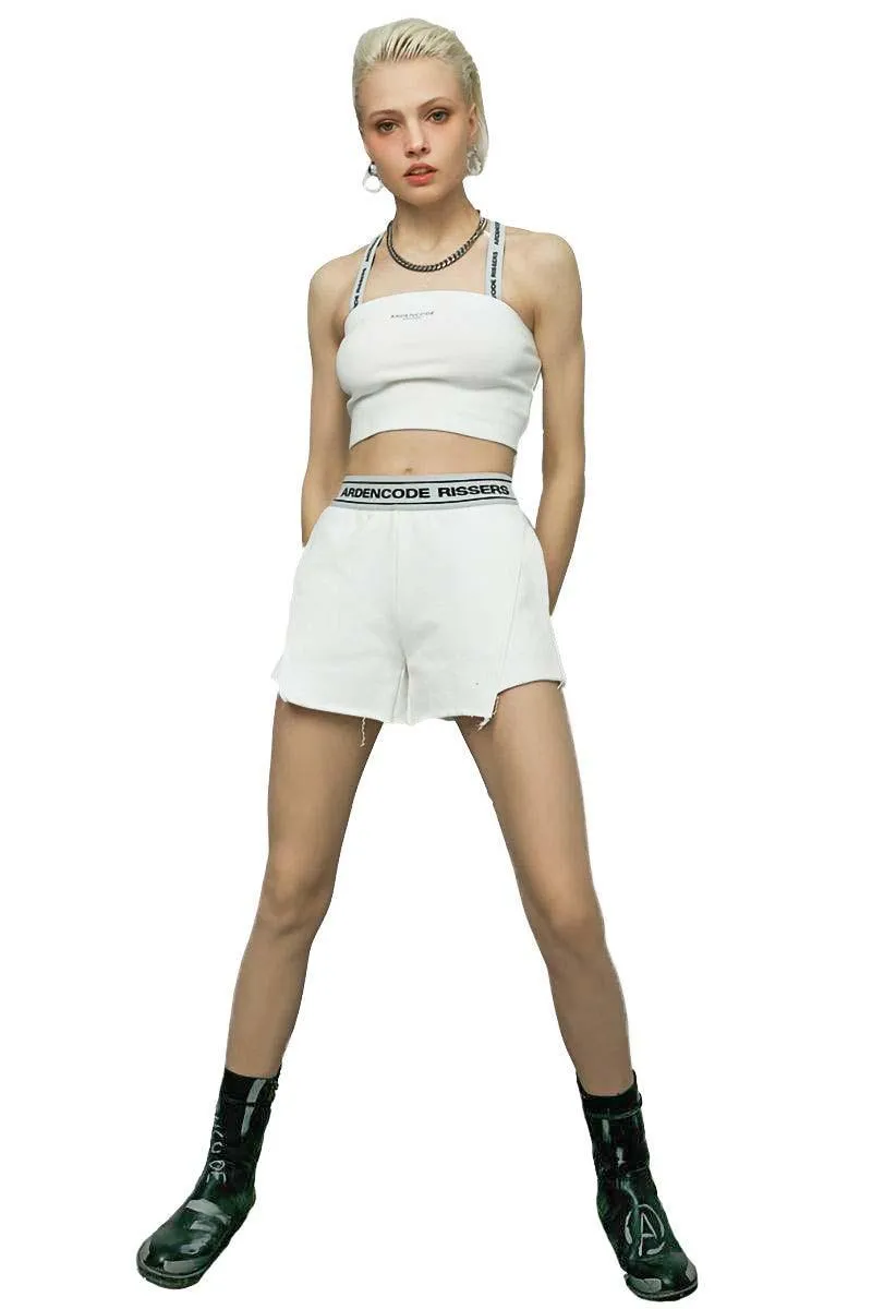 White Fringed Logo Shorts