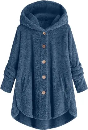 Women Hooded Fuzzy Jacket Oversized Fleece Sherpa Jacket Thicken Warm Jacket Botton Overcoat with Fur Hood S-5XL