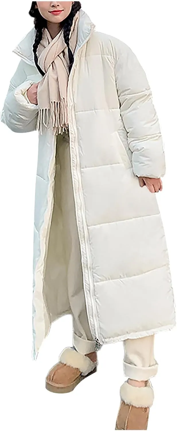 Women Long Winter Coat Warm Thickened Stand-Collar Hoodless Down Jacket Ankle-Length Puffer Coat Outwear with Pockets