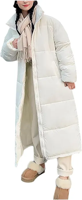 Women Long Winter Coat Warm Thickened Stand-Collar Hoodless Down Jacket Ankle-Length Puffer Coat Outwear with Pockets