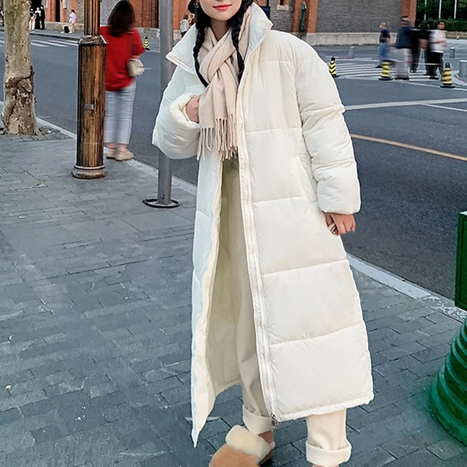 Women Long Winter Coat Warm Thickened Stand-Collar Hoodless Down Jacket Ankle-Length Puffer Coat Outwear with Pockets