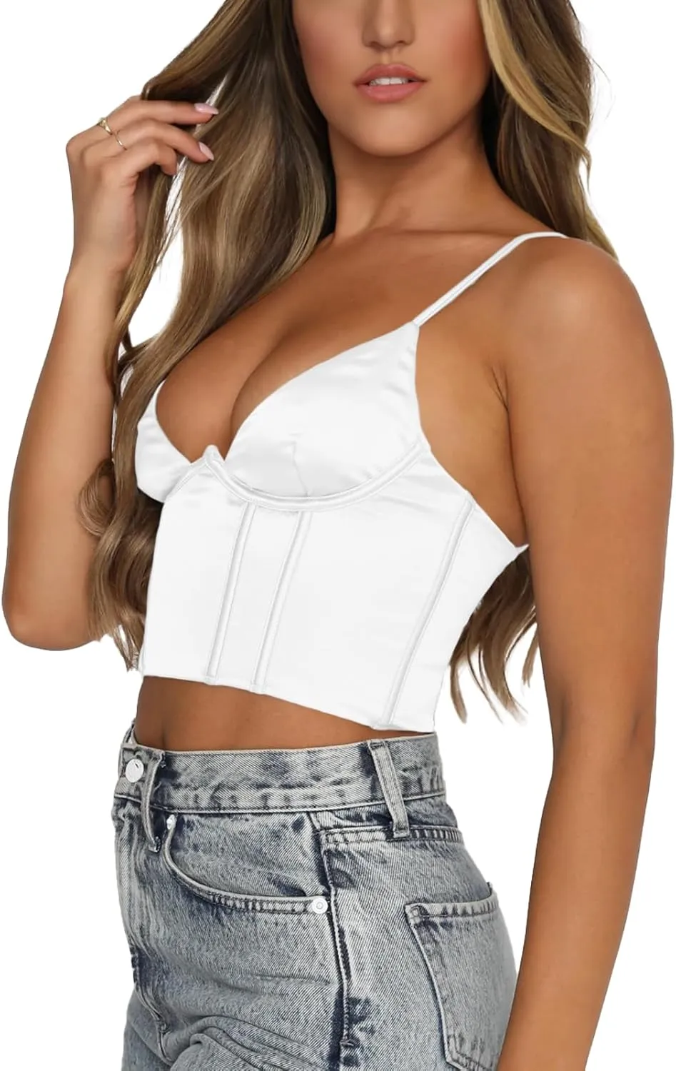 Womens Crop Tops Sexy V Neck Spaghetti Strap Sleeveless Crop Bustier Slim Fit Going Out Party Club Crop Camis Tops