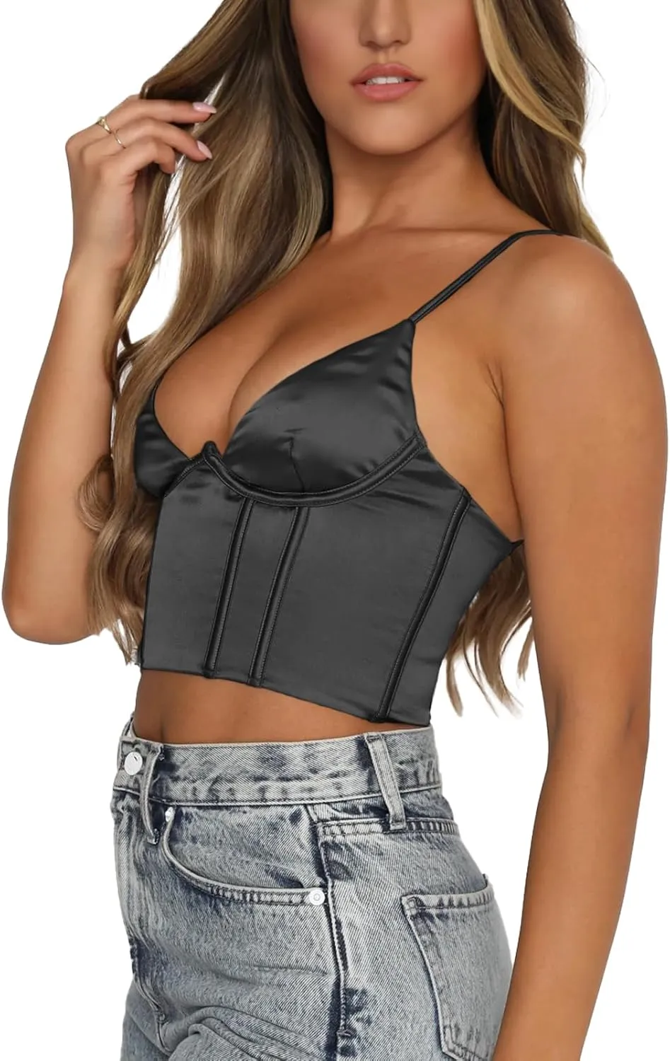 Womens Crop Tops Sexy V Neck Spaghetti Strap Sleeveless Crop Bustier Slim Fit Going Out Party Club Crop Camis Tops
