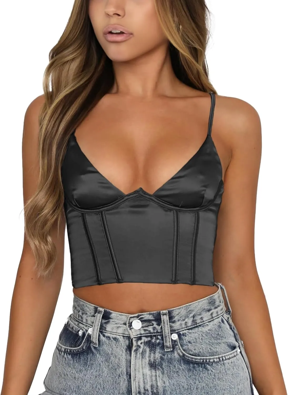 Womens Crop Tops Sexy V Neck Spaghetti Strap Sleeveless Crop Bustier Slim Fit Going Out Party Club Crop Camis Tops