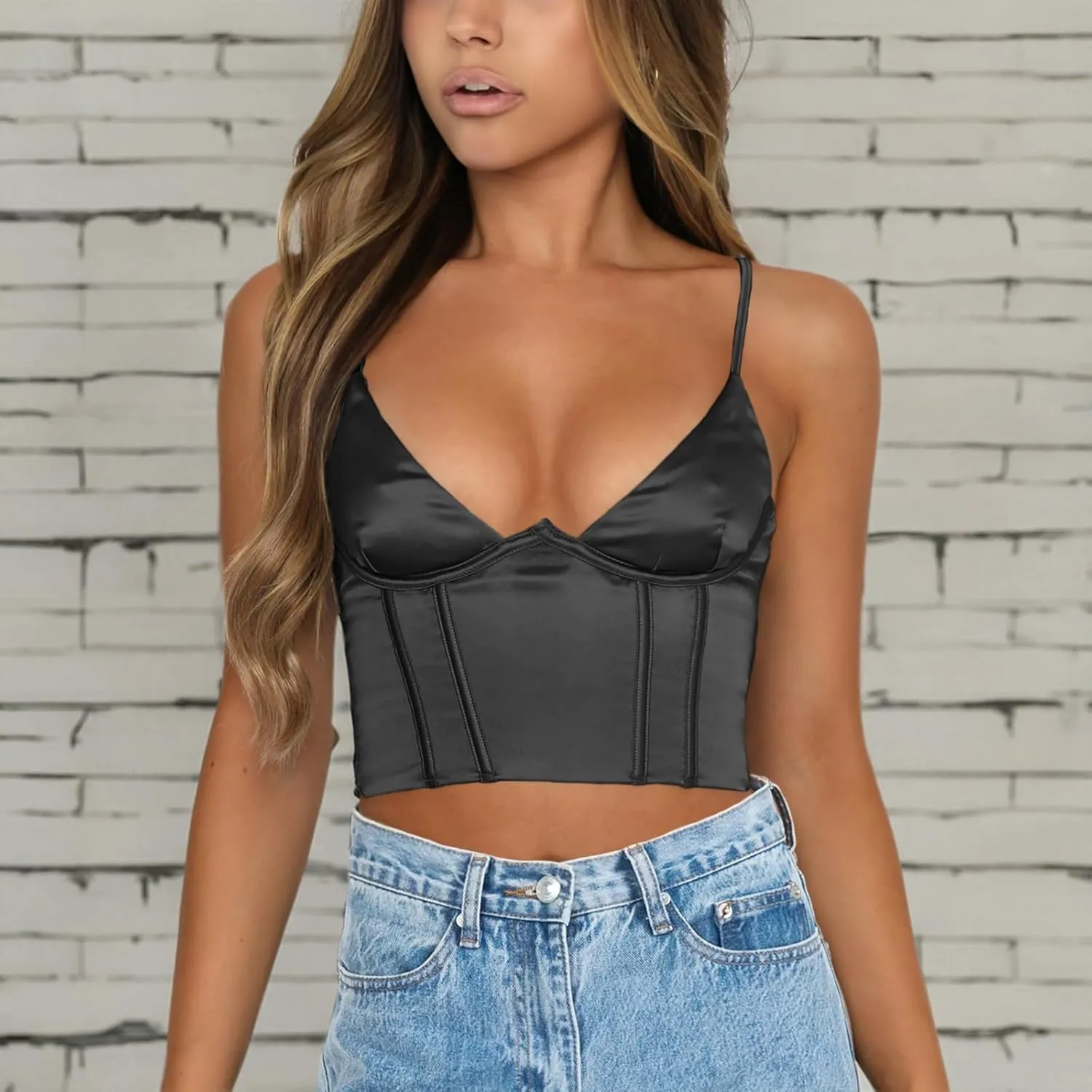 Womens Crop Tops Sexy V Neck Spaghetti Strap Sleeveless Crop Bustier Slim Fit Going Out Party Club Crop Camis Tops