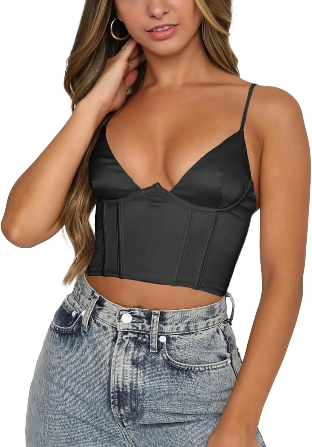 Womens Crop Tops Sexy V Neck Spaghetti Strap Sleeveless Crop Bustier Slim Fit Going Out Party Club Crop Camis Tops