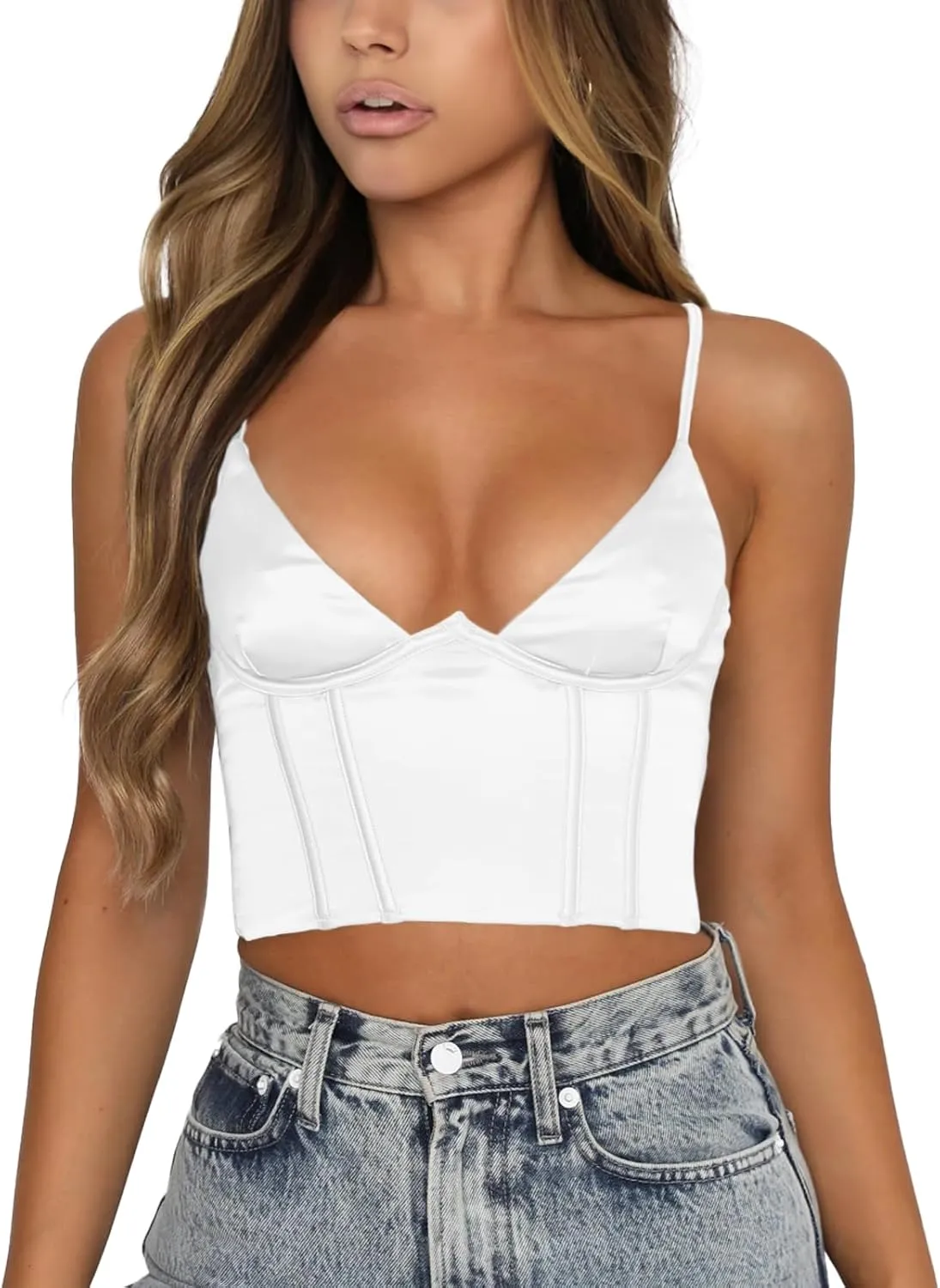 Womens Crop Tops Sexy V Neck Spaghetti Strap Sleeveless Crop Bustier Slim Fit Going Out Party Club Crop Camis Tops