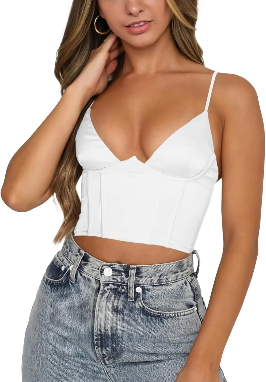 Womens Crop Tops Sexy V Neck Spaghetti Strap Sleeveless Crop Bustier Slim Fit Going Out Party Club Crop Camis Tops