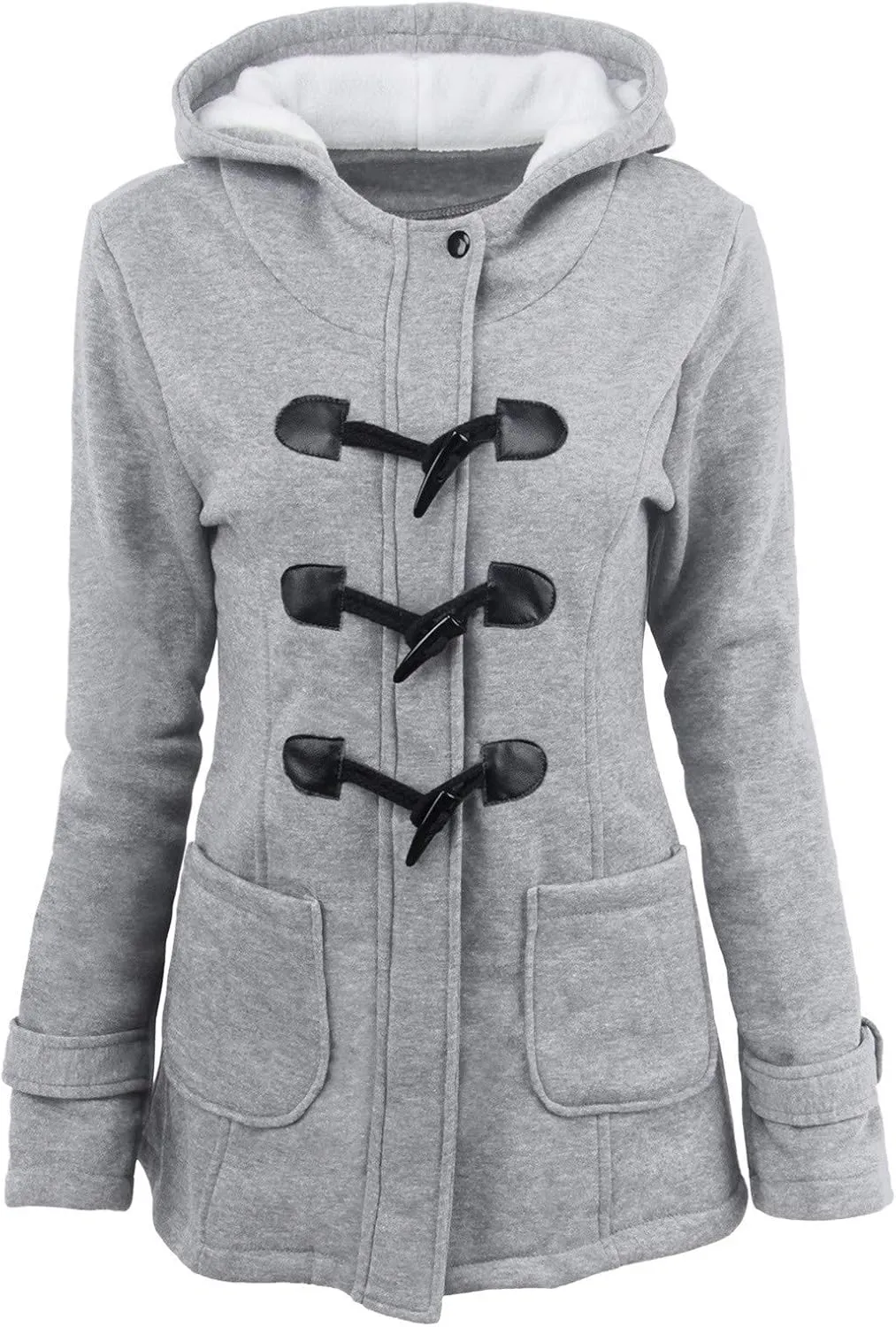 Womens Sherpa Lined Jacket Fashion Horn Button Fleece Thicken Parka Coat with Hood Winter Outdoor Warm Puffer Down