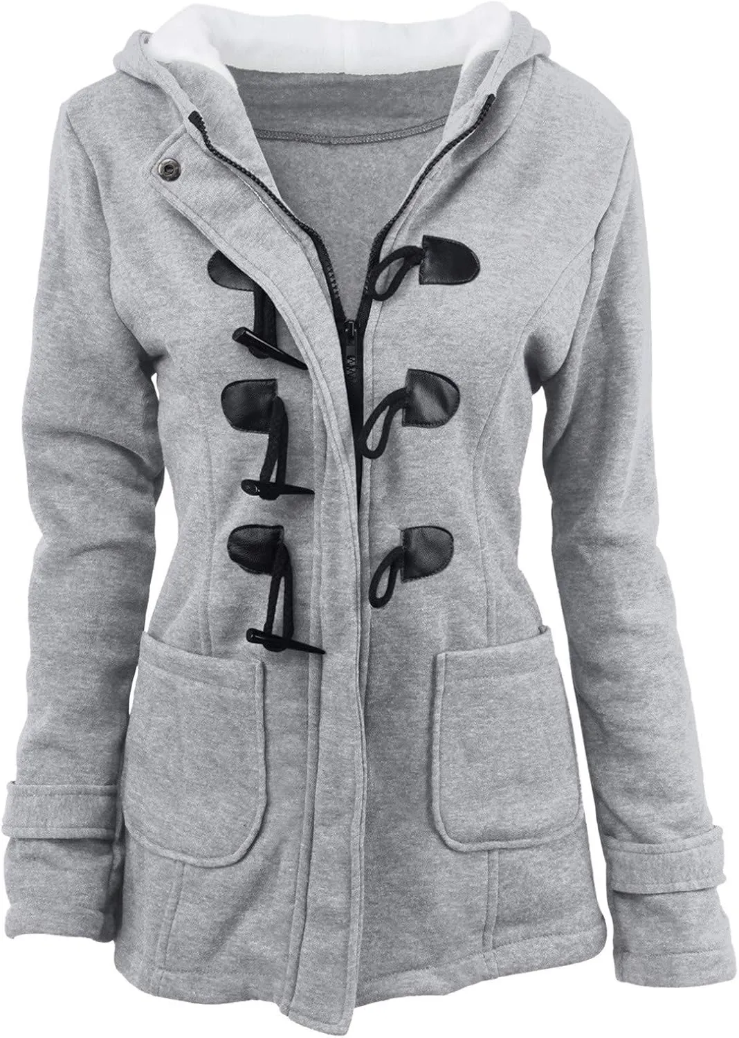 Womens Sherpa Lined Jacket Fashion Horn Button Fleece Thicken Parka Coat with Hood Winter Outdoor Warm Puffer Down
