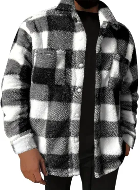 Xiaojmake Men's Warm Sherpa Lined Coat Lapel Collared Plaid Fleece Thick Jacket Flannel Jacket Sherpa Fleece Lined Coats