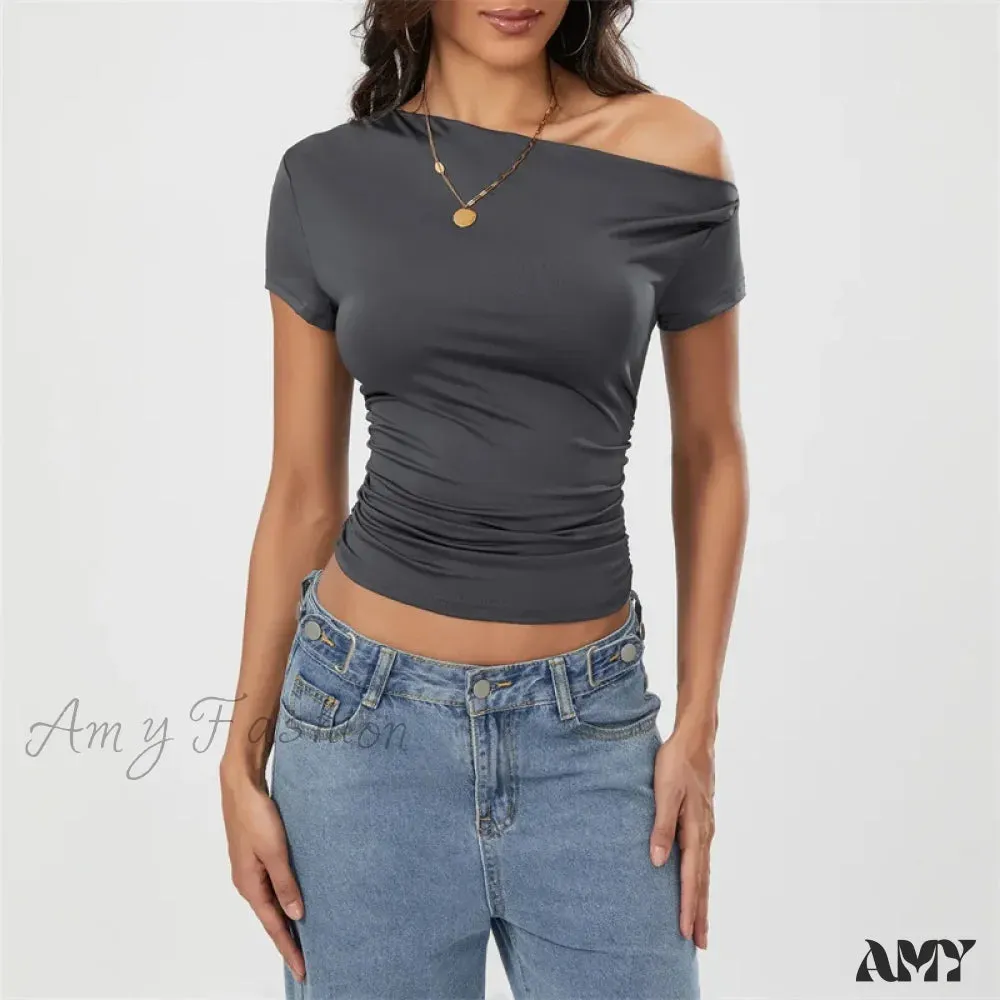 Y2k Summer Grunge Oblique Shoulder Sleeveless Ruched Streetwear Crop Top