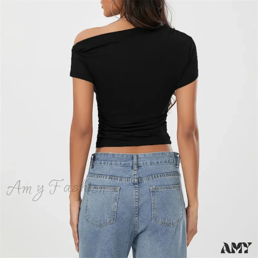 Y2k Summer Grunge Oblique Shoulder Sleeveless Ruched Streetwear Crop Top